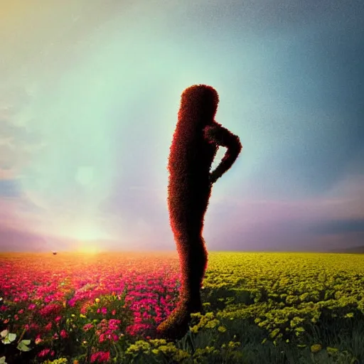 Image similar to A picture of a planet of various flowers, fungus and plants, in which the human figure is dressed in something magical and impressive, inside the picture is infinity, sunset light, Atmospheric phenomenon, artistic photography, muted colors, conceptual