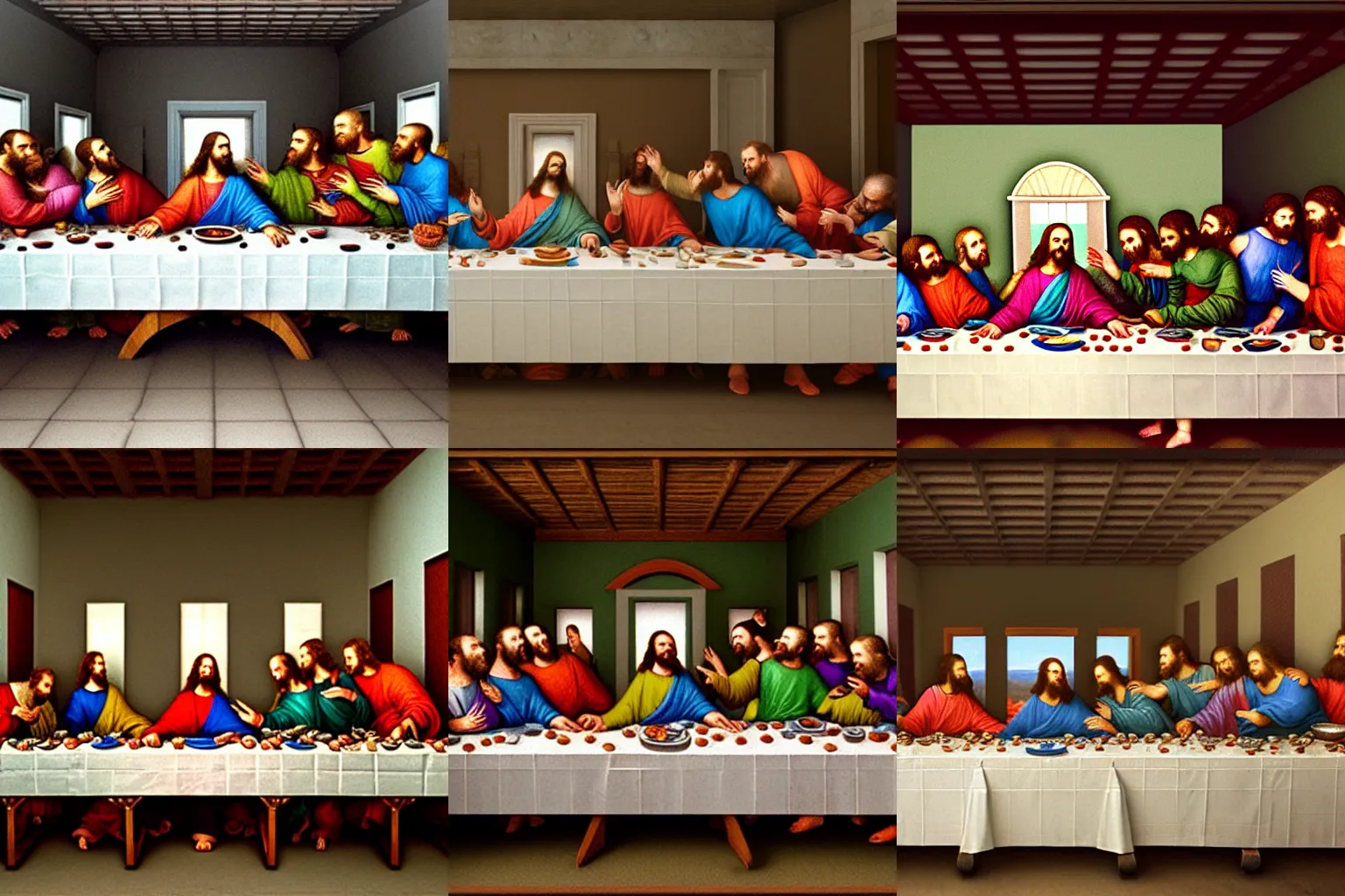 Prompt: The last supper, Redshift render, cgi, 3d, hyper-detailed, ultra-realistic, photo-bash, 8k post-production, masterpiece