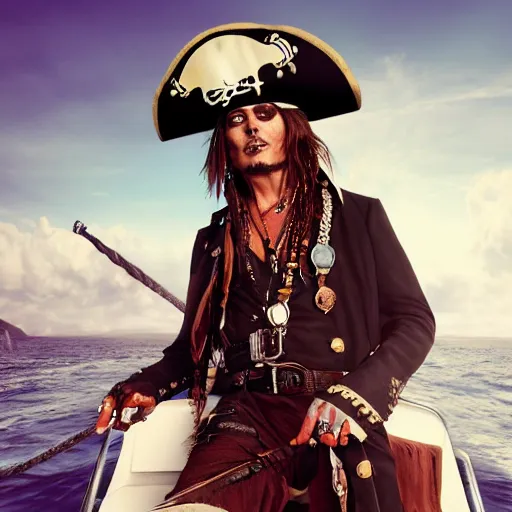 Image similar to Johnny Depp in a pirate costume sailing on a pontoon, cinematic,hyperrealistic, high detalied, high quality, digital art, artstation, 8k,