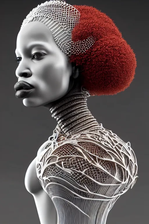 Prompt: complex 3d render ultra detailed of a beautiful porcelain profile afro woman face, biomechanical cyborg, analog, massai warrior, 150 mm lens, beautiful natural soft rim light, big leaves and stems, roots, fine foliage lace, silver white red details, Alexander Mcqueen high fashion haute couture, pearl earring, art nouveau fashion embroidered, steampunk, intricate details, mesh wire, mandelbrot fractal, anatomical, facial muscles, cable wires, microchip, elegant, hyper realistic, ultra detailed, octane render, H.R. Giger style, volumetric lighting, 8k post-production