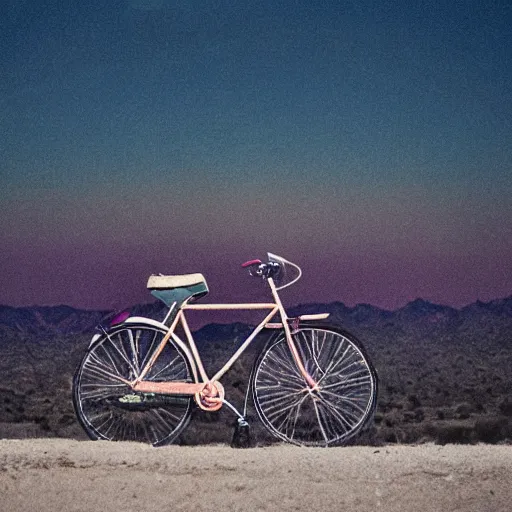 Prompt: a bicycle in the desert, dramatic psychedelic indie photography