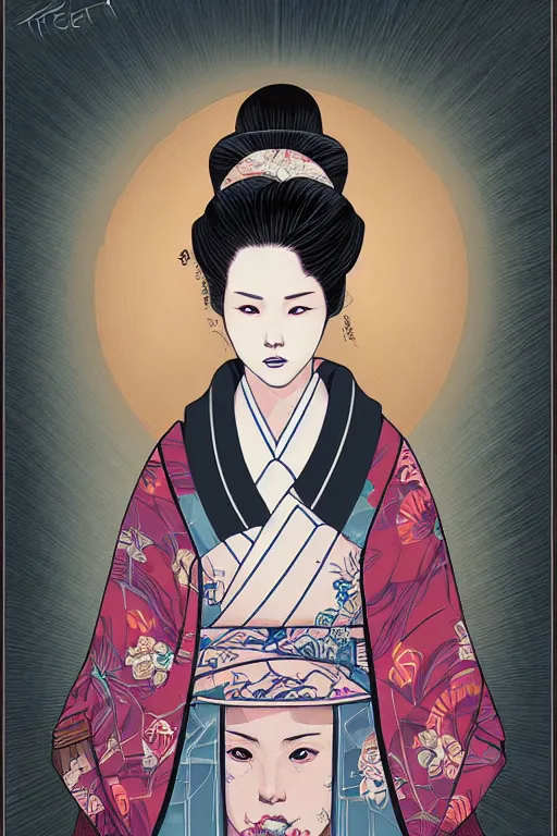 Image similar to a portrait of a japanese geisha, drawn by robbie trevino and dan mumford, poster, digital art, comic art, concept art, single head, no double head,