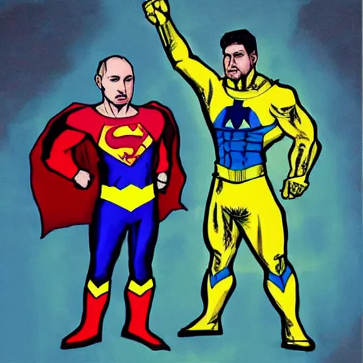 Prompt: the leader of ukraine dressed as a superhero fighting with putin coloured painting