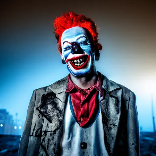 Prompt: POrtrait of a Clown Vampire in a desolate abandoned post-apocalyptic industrial city at night, moody blue lighting