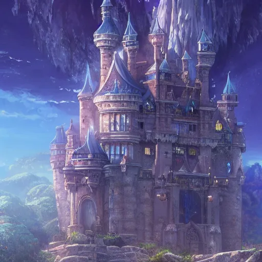 Image similar to An imposing and highly ornamented fantasy castle, Carved from Sapphire stone, Atmosphere, Dramatic lighting, Beautiful Landscape, Epic composition, Wide angle, by Makoto Shinkai