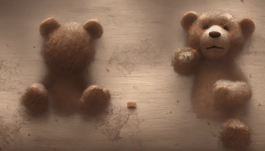 Image similar to teddy bear covered by dust and cobwebs on a dusty old wooden table, cracked wall, small light, hyperdetailed, artstation, cgsociety, 8 k