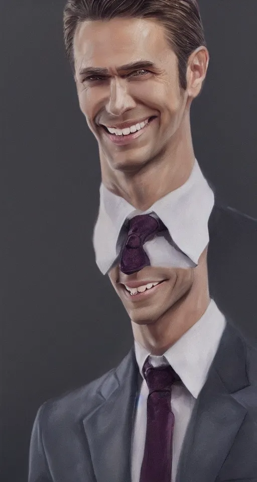 Prompt: a hyper realistic portrait of a handsome smiling male alien in a suit for advertisement, artstation