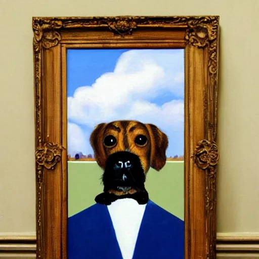 Prompt: painting of cute dog in style of rene magritte