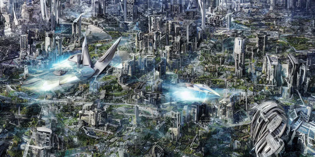 Image similar to future forest city attacked by spaceship, broken buildings, star trek, glory war, photograph