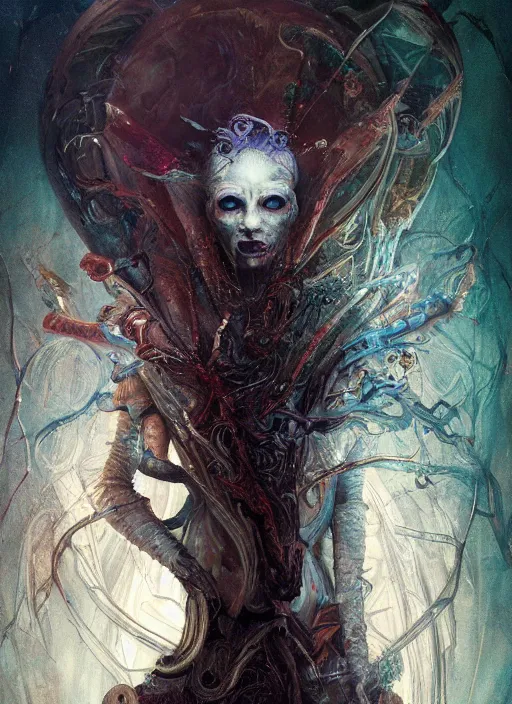 Prompt: white rabbit the magician tarot card, highly detailed, cinematic, 8 k, by stanley artgermm, tom bagshaw, greg rutkowski, carne griffiths, ayami kojima, beksinski, giger, trending on deviantart, hyper detailed, horror, full of colour