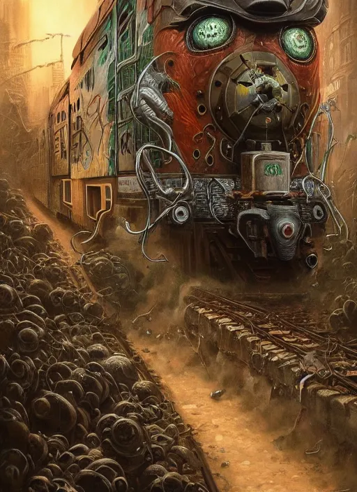 Image similar to subway train mf doom reptile eyes, metal subway train skin. intricate, elegant, highly detailed, centered, digital painting, artstation, concept art, smooth, sharp focus, illustration, artgerm, tomasz alen kopera, peter mohrbacher, donato giancola, joseph christian leyendecker, wlop, frank frazetta