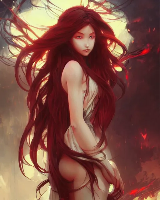 Image similar to red eyed beautiful long haired anime girl, full body photo, flames everywhere, highly detailed, digital painting, artstation, concept art, smooth, sharp focus, illustration, art by artgerm and greg rutkowski and alphonse mucha