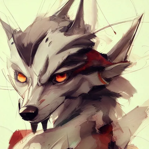 Image similar to concept art of anthropomorphized wolf, highly detailed painting by dustin nguyen, akihiko yoshida, greg tocchini, 4 k, trending on artstation, 8 k