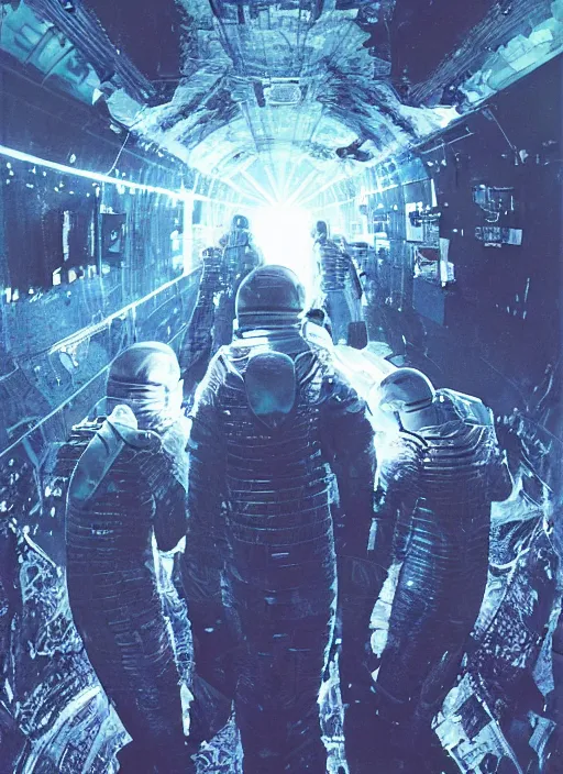 Image similar to astronauts in the dark infinite underwater void - complex and hyperdetailed technical suit, fabric material. reflection and dispersion materials. rays and dispersion of light. volumetric light. wide angle, f / 3 2. noise film photo. flash photography. ultra realistic, wide angle. poster by wayne barlowe, hajime sorayama aaron horkey, craig mullins