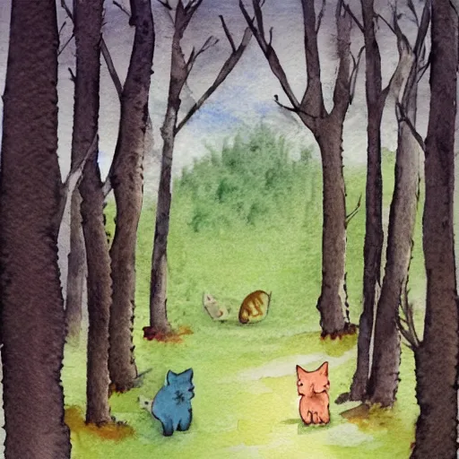 Prompt: tiny watercolour cats wandering through a forest into the distance illustration