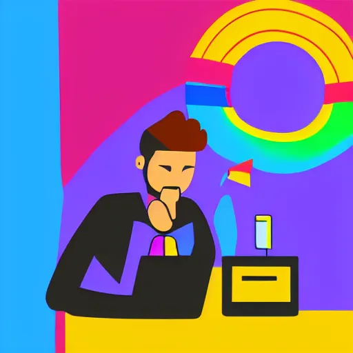 Prompt: pride artwork of man writing a poem on his computer, pride month, colorful, love, 4 k art