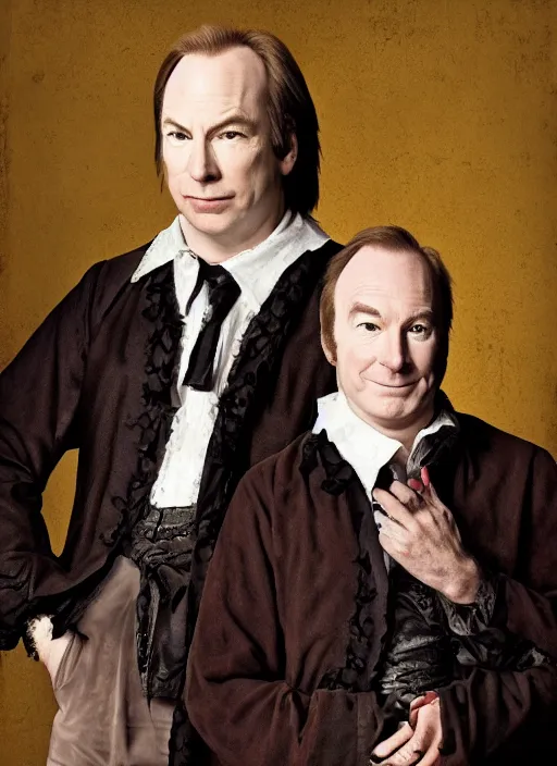 Prompt: portrait of michael mckean and bob odenkirk, baroque portrait, realistic, serious, dark backround