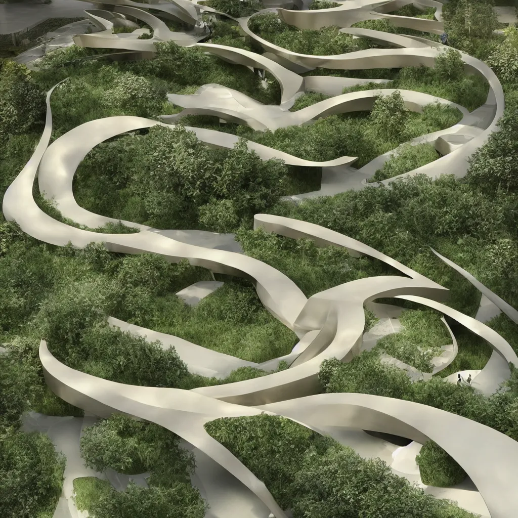 Image similar to “ a incredible smooth curvilinear architectural sculpture, unfolding continuous golden surfaces enclose a visually interesting garden designed by zaha hadid, architecture render ”