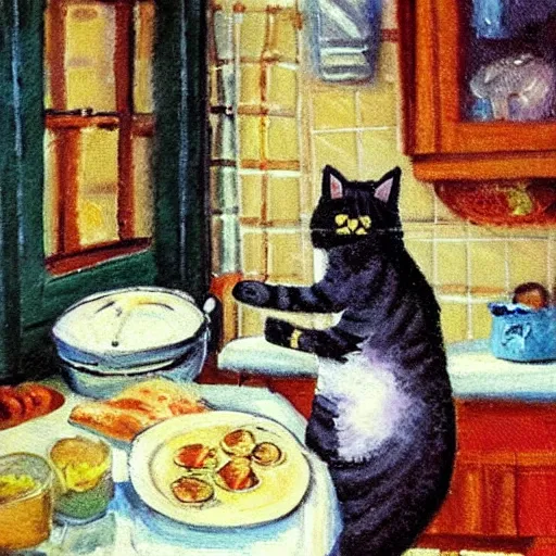 Image similar to a cute cat cooking a breakfast, impressionist painting, masterful