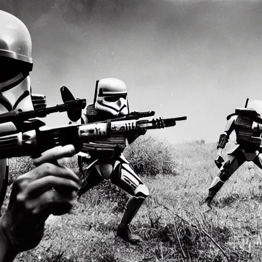 Image similar to star wars clone troopers combat soldiers in vietnam, photo, old picture, lush landscape, jungle, firearms, explosions, helicopters, aerial combat, active battle zone, flamethrower, air support, jedi, land mines, gunfire, violent, star destroyers, star wars lasers, sci - fi, jetpacks, agent orange, bomber planes, smoke, trench warfare