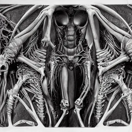 Image similar to cinematic scene of a detailed and intricate design of the back of full woman body wrapped in bones, close up, photo real, intrincate, in the style of giger, studio shot, dark shadows, creepy, nightmarish, dynamic lighting, great finesse organic hyper detailed, engineering blueprints, technical drawings, calculus, stained paper, hyperrealistic, ultra detailed, 16K, unreal engine, trending on artstation