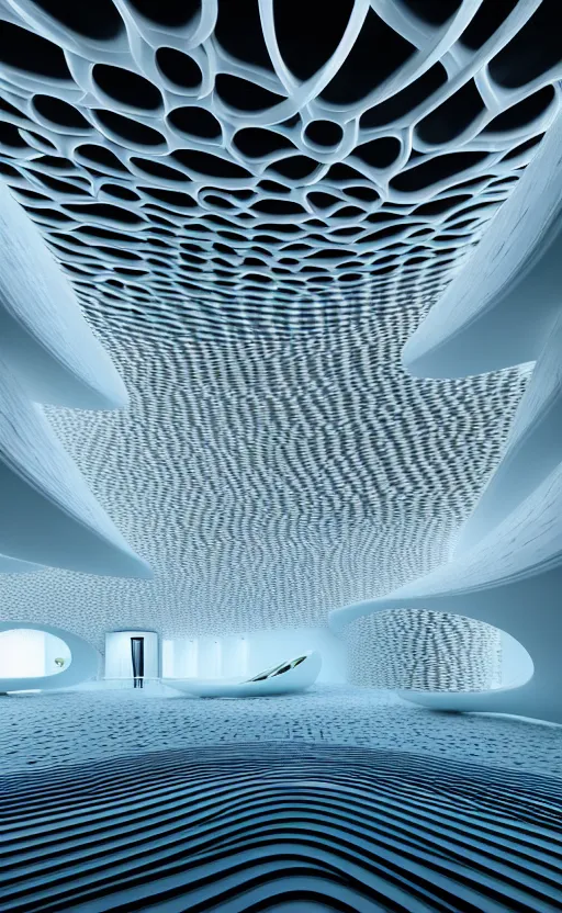 Image similar to villa parametric architecture fluid design, vincent callebaut well - defined style, ultra detailed, monochromatic, natural volumetric lighting, generative art nebula, cinematic, photo realistic, hyper real, surreal design, flow everywhere, walls made of crystal clear water, black metal, magnesium, 8 k,