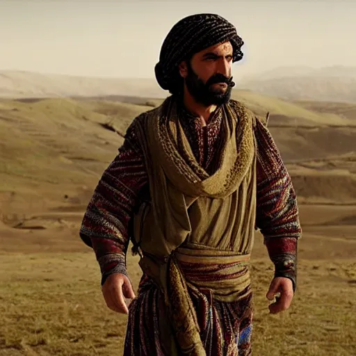 Image similar to Kurdish shepherd wearing Kurdish clothes in a movie directed by Christopher Nolan, movie still frame, promotional image, imax 70 mm footage, 8k