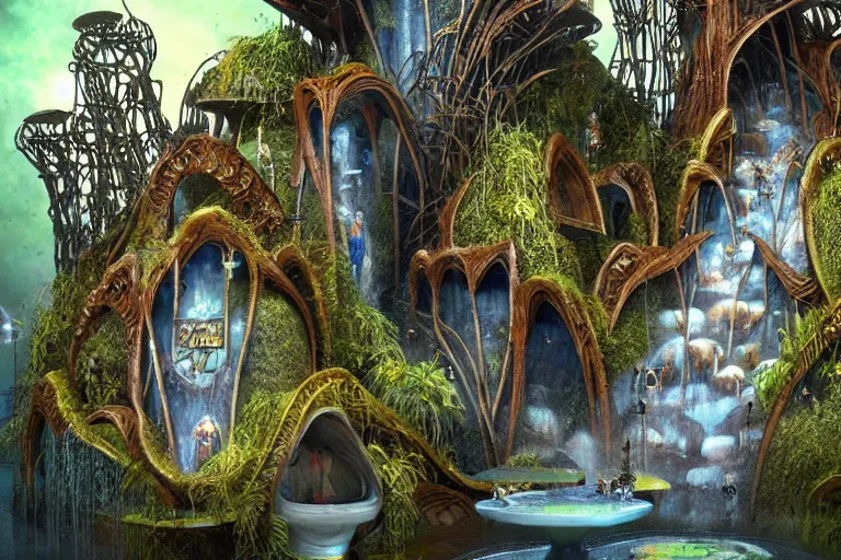 Image similar to favela fungus cathedral coaster hive, art nouveau waterfall environment, industrial factory, terrifying, award winning art, epic dreamlike fantasy landscape, ultra realistic,