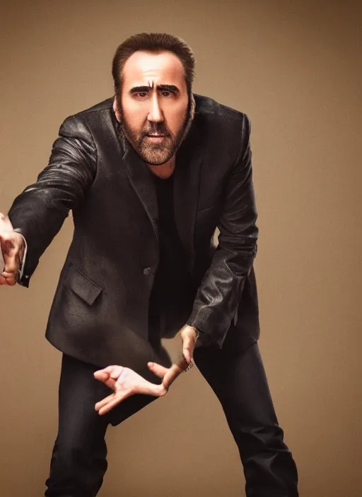 Image similar to portrait photo still of nicolas cage giving a handshake, 8 k, 8 5 mm, f. 1 4, beautiful composition