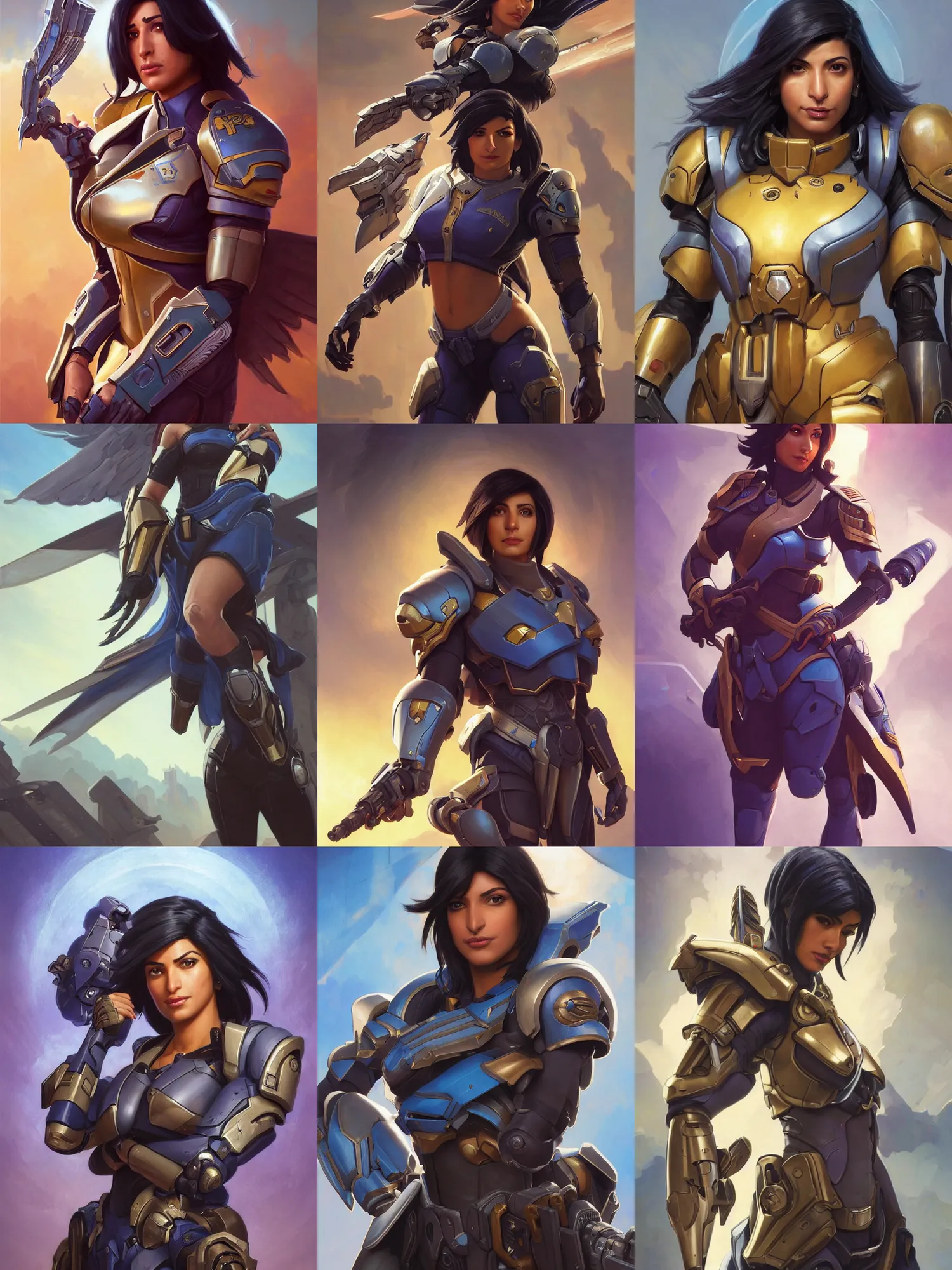 Prompt: Pharah from Overwatch, full body and face, D&D, scifi, portrait, highly detailed, digital painting, artstation, concept art, sharp focus, illustration, art by artgerm and greg rutkowski and magali villeneuve and alphonse mucha,Lucas Graciano, digital art, steve argyle, peter Mohrbacher, Davi Blight, orientalism and bouguereau and Zdzislaw Beksinski