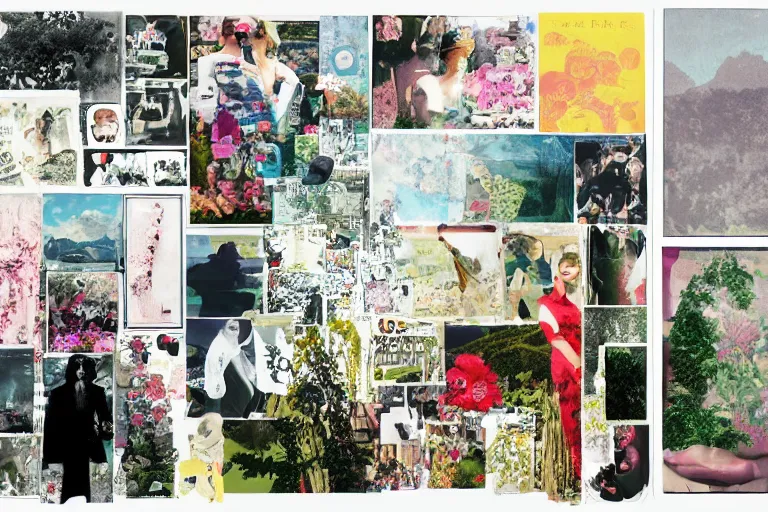 Image similar to a beautiful aesthetic!!! collage, rolling coherent! arcadia landscape, made in a magazine clipping collage style, cutout, clippings of a fashion magazine, made by a depressed art student