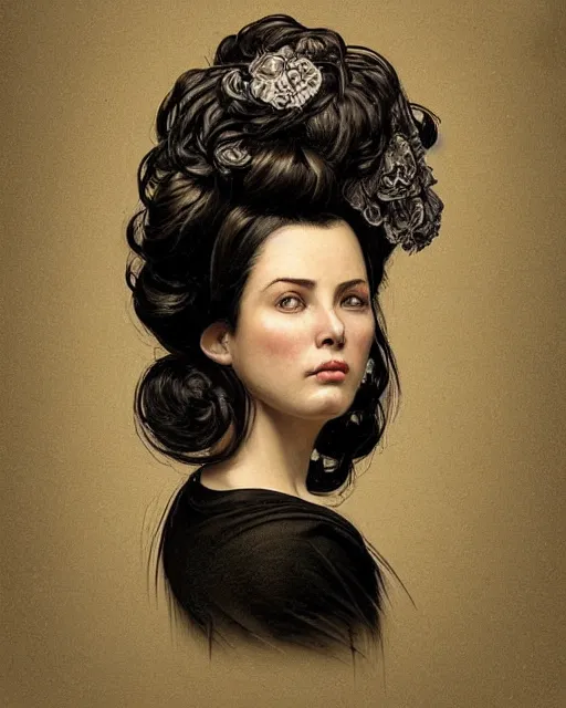 Image similar to portrait of a tall 4 0 - year - old woman with thin lips, long, lush black hair gathered on the head bun, and thick eyebrows, haughty facial expression, wearing in black clothes, aristocratic appearance, hyper realistic face, beautiful eyes, close up, fantasy art, in the style of greg rutkowski, intricate, alphonse mucha, hyper detailed, smooth