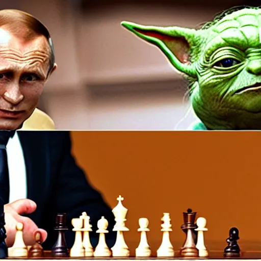 Prompt: photo of yoda playing chess against putin