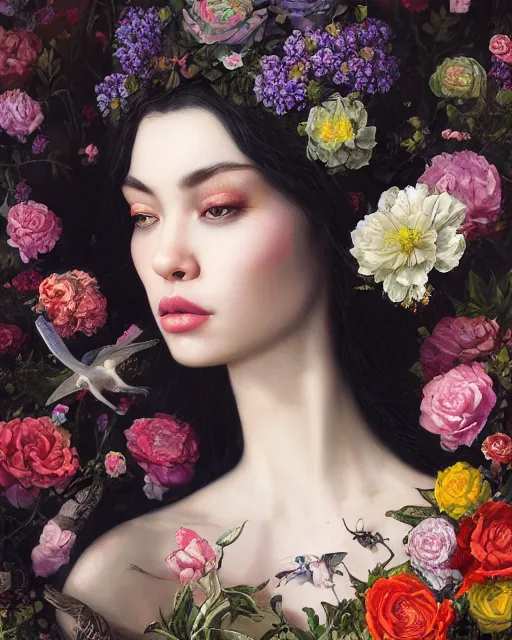 Image similar to portrait of the eurasian queen of the underworld, surrounded by flowers by karol bak, james jean, tom bagshaw, rococo, sharp focus, trending on artstation, cinematic lighting, hyper realism, octane render, 8 k, hyper detailed.