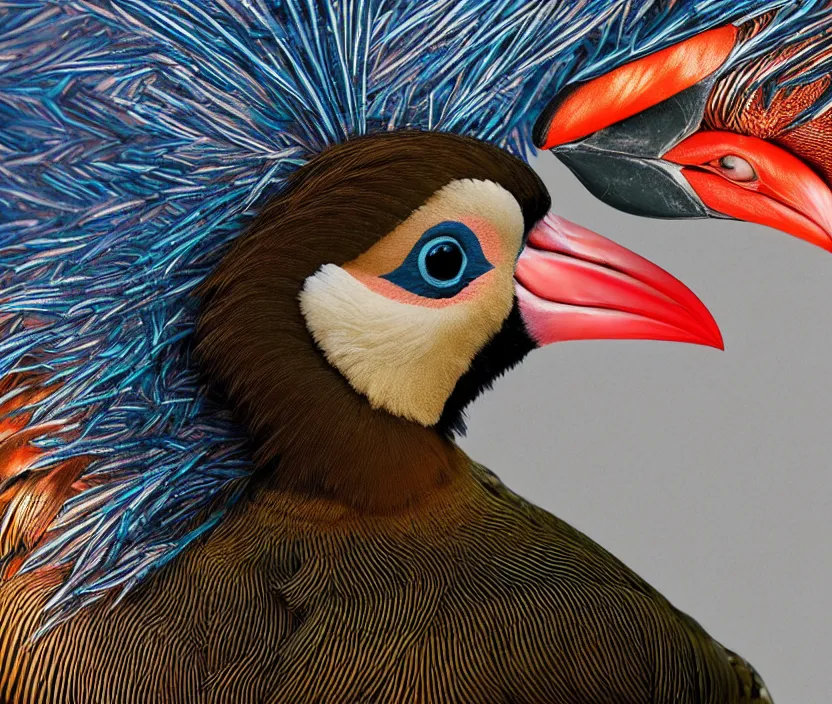 Prompt: a realistic photo of a semi - translucent creature made of birds, creature wrinkles feathers exotic morphing hoopoe, pheasant skin merged sky animal, atlantic puffin, turaco morphing chicken, clear, global illumination, refraction, king vulture head, displacement map, bump map, normal map