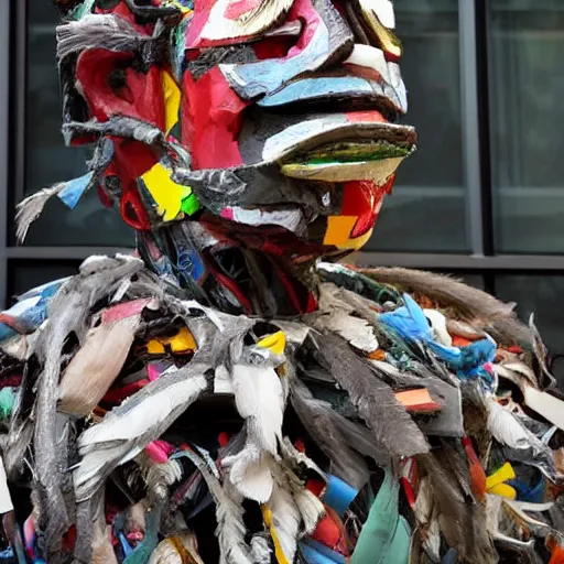 Prompt: a close up of a sculpture of a person wearing a chainsaw mask, an abstract sculpture by John Chamberlain, pinterest contest winner, toyism, made of trash, made of feathers, made of plastic