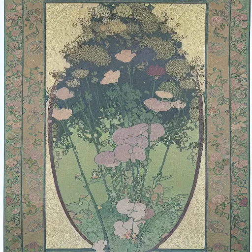 Image similar to Japanese style simple and elegant floral tapestry, Persian carpet, soft colors, by mucha