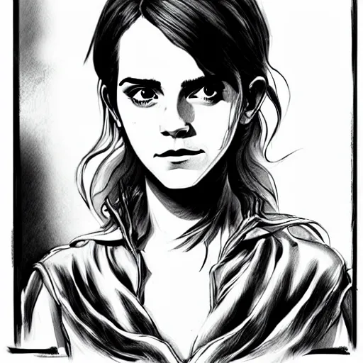 Image similar to Emma Watson in a scene from Berserk, artstation, concept art, sharp focus, illustration in pen an ink, full body shot, extremely detailed, extremely complex, black and white, art by  Makoto Yukimura