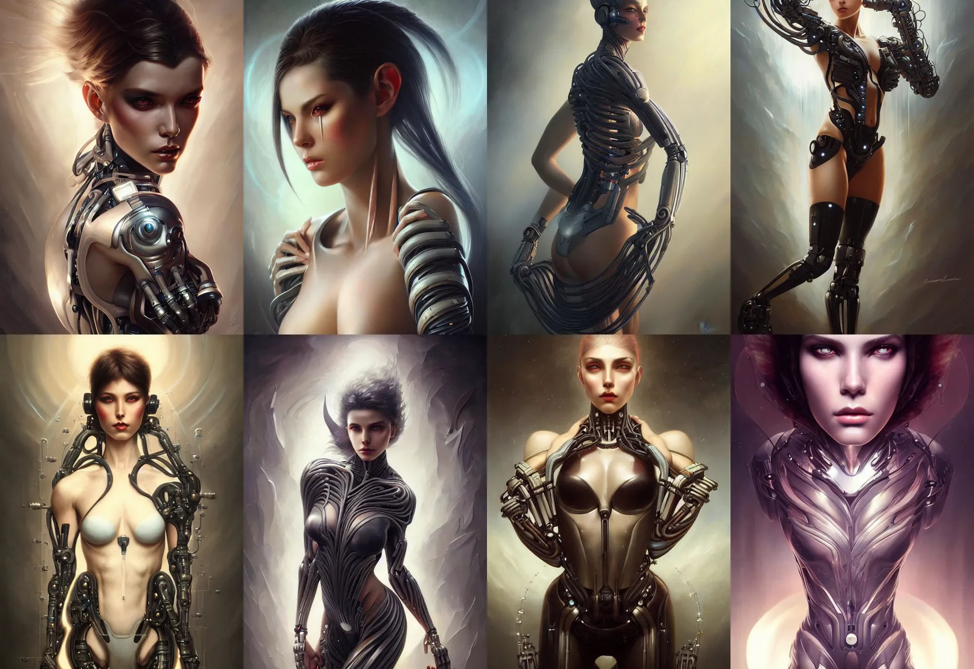 Prompt: a beautiful woman with cybernetic muscle fibers, painted by artgerm and tom bagshaw, fantasy art, dramatic lighting, highly detailed oil painting