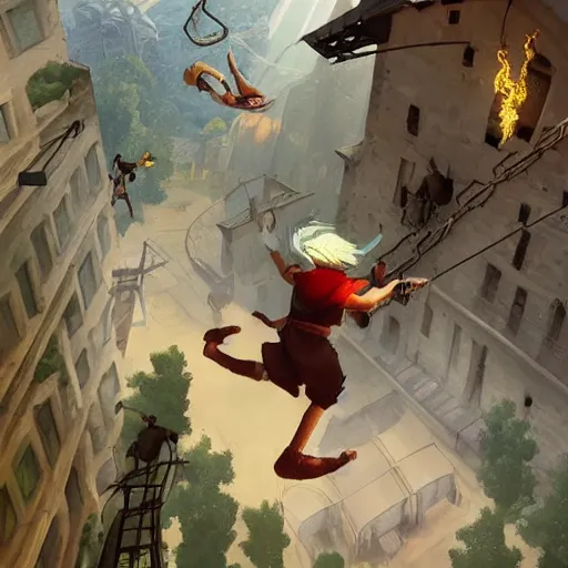 Image similar to A boy thief falling off a tall tower in a metal city wishing he could fly, epic fantasy style