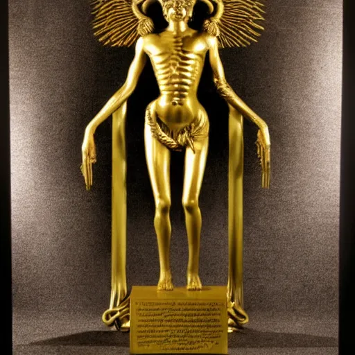 Image similar to a golden sculpture of the medical caduceus by h. r. giger