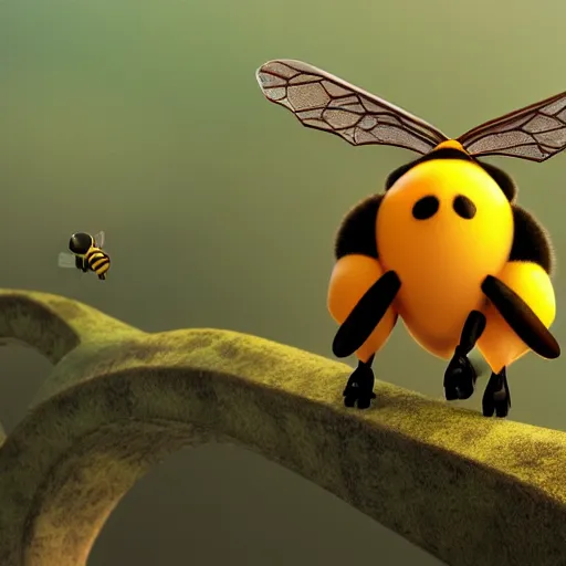 Image similar to large cute bee flying to crimson - black cute bee university, photorealistic, octane render, rtx, hdr, unreal engine, digital art widescreen 8 k, studio ghibli, disney, wlop