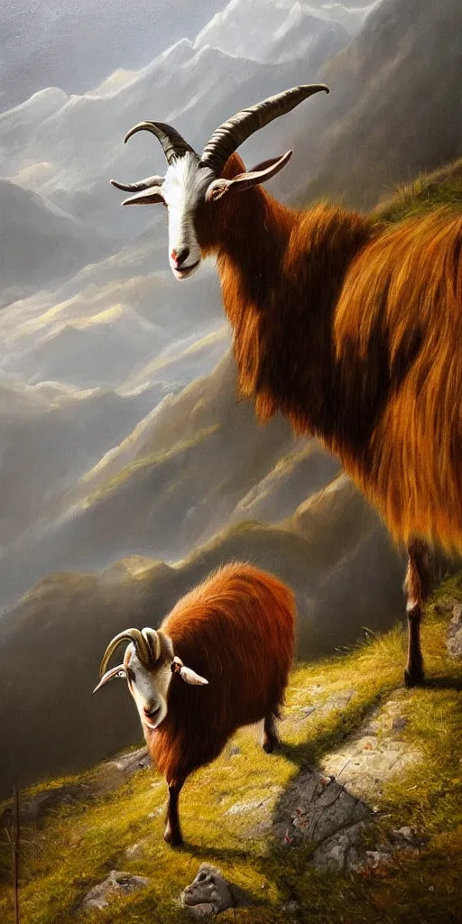 Prompt: a surreal painting of a goat in alpine mountains, photorealistic, cinematic, dramatic, vivid, dark and beautiful, higly, civilized, cinematic lighting