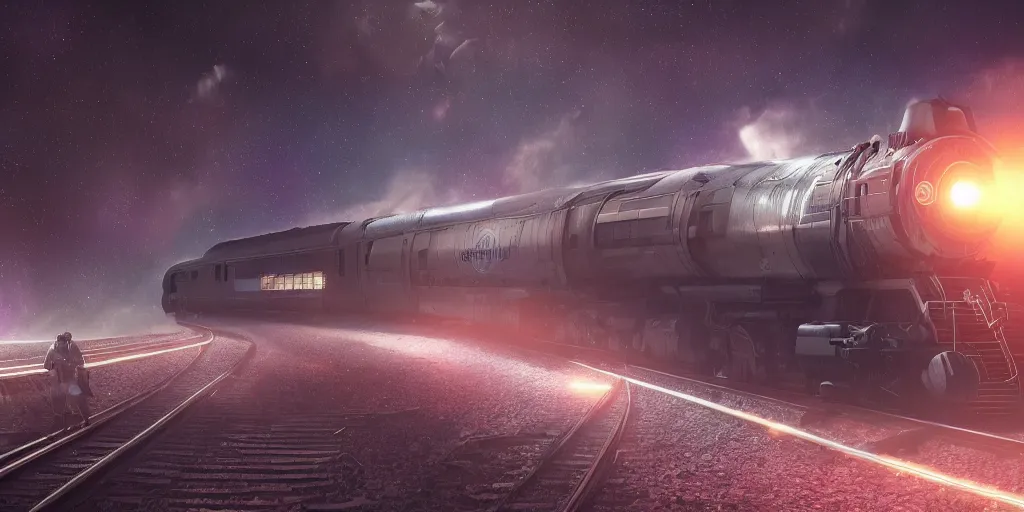 Image similar to inter dimensional sci - fi train far future, travelling across the stars, cosmos, galaxy, concept art, dreamy, render by octane and blender, hyper realistic, cinematic lighting, unreal engin 5, by dominic mayer, 8 k, vray render, artstation, deviantart