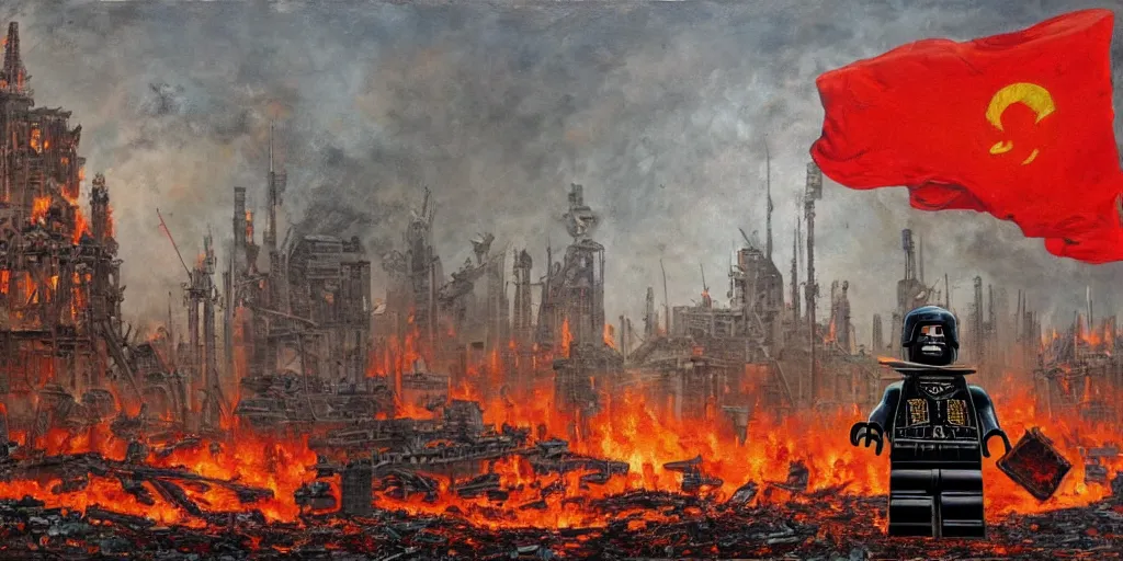 Image similar to a lego toy standing with red flag in a post-apocalyptic city, everything is burning, oil on canvas, by ivan shishkin