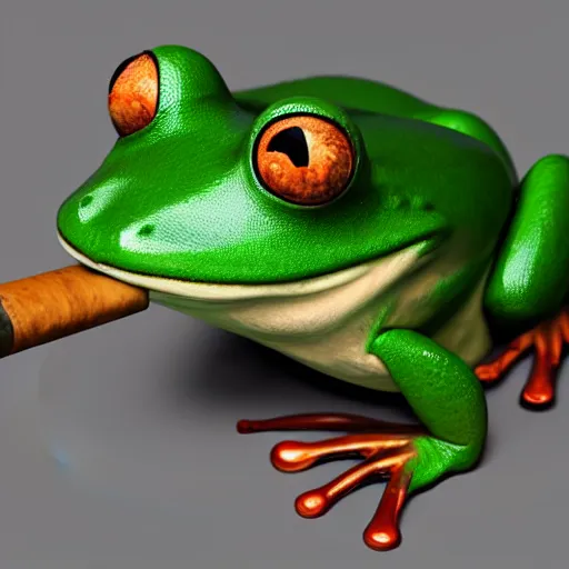 Image similar to a high quality photo of an antropomorphic frog wearing a suit smoking a cigar, 3d scene, render, ultra realistic, artstation, cgsociety