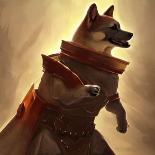 Image similar to shiba inu Dog, battle armour, Anthropomorphized, casting epic spell, magic the gathering artwork, D&D, fantasy, cinematic lighting, centered, symmetrical, highly detailed, digital painting, artstation, concept art, smooth, sharp focus, illustration, volumetric lighting, epic Composition, 8k, art by Akihiko Yoshida and Greg Rutkowski and Craig Mullins, heroic pose, oil painting, cgsociety, magic lab background