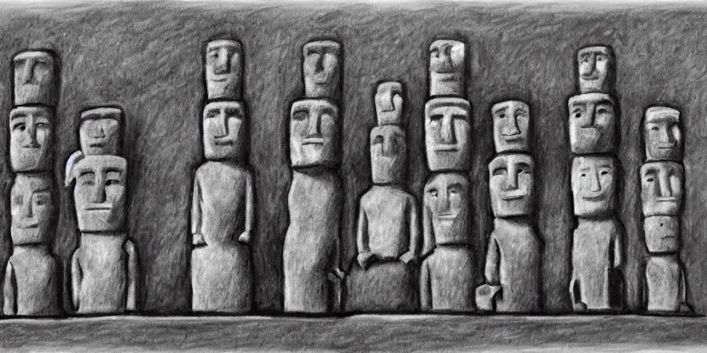 Image similar to charcoal drawing of easter island heads in the shape of lego people