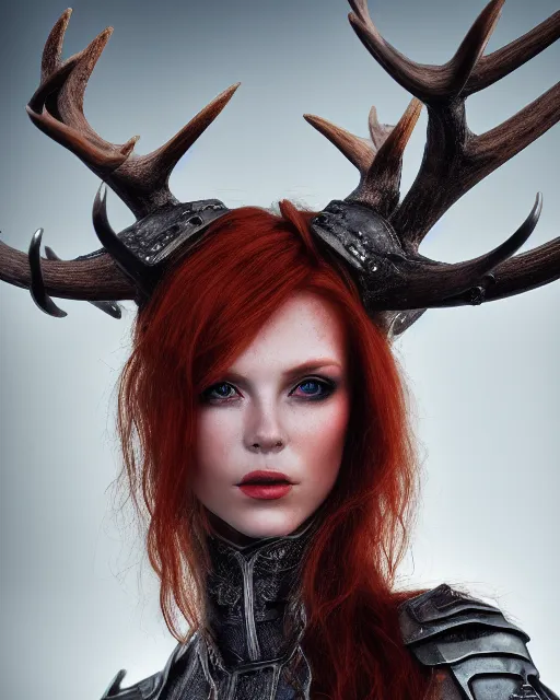 Image similar to 5 5 mm portrait photo of an armored redhead woman with antlers on her head, by luis royo. highly detailed 8 k. intricate. lifelike. soft light. nikon d 8 5 0. cinematic post - processing