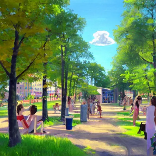 Image similar to a painting of mariaberget in stockholm during summer, anime style